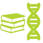 A green icon of books and a dna strand.