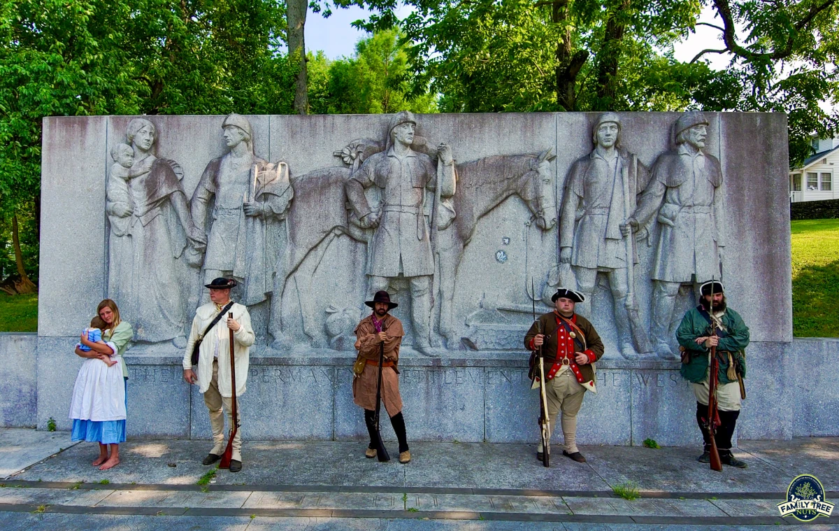 Three men in period clothing standing next to a wall.