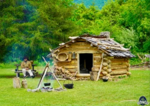 A man sitting in front of a log cabin.