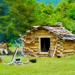 A man sitting in front of a log cabin.